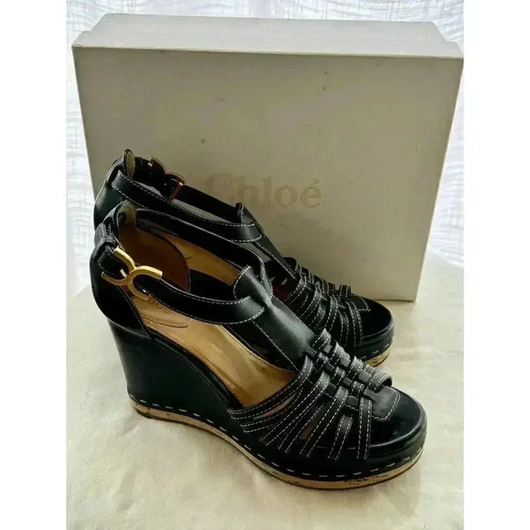 CHLOE Marcie Black Leather T-Strap Platform High Heel Wedge Sandal Size 38 1/2 - Picture 6 of 10
